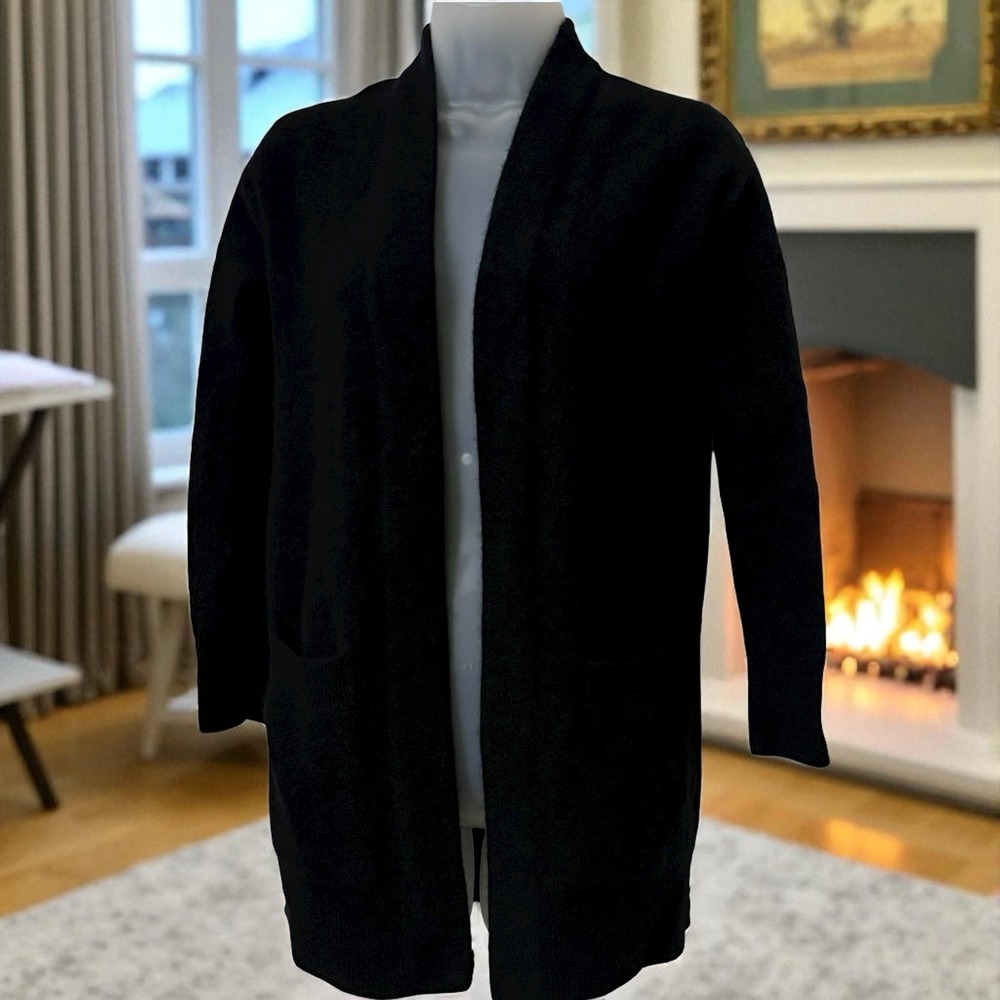 Vince 100% Cashmere Black Open Front Midi Cardigan Women's XS Pockets Luxe Knit‎